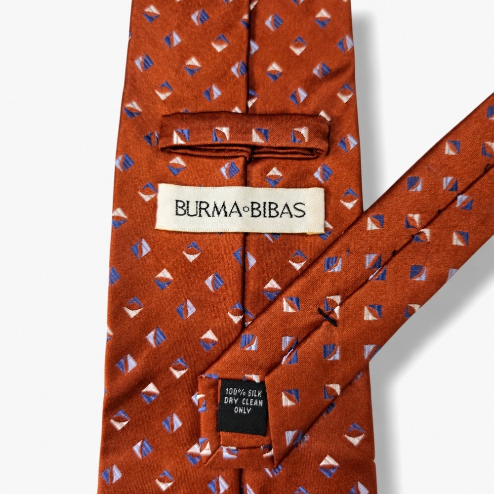 Burma Bibas Silk Necktie Geometric Rust Orange Blue Ivory Handmade Classic - Picture 3 of 5